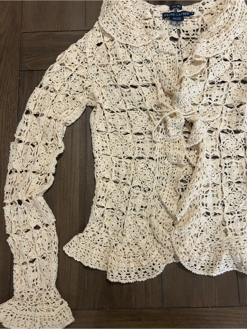 Ralph Lauren Cream Crochet Ruffle-Front Cardigan - Picture 3 of 7